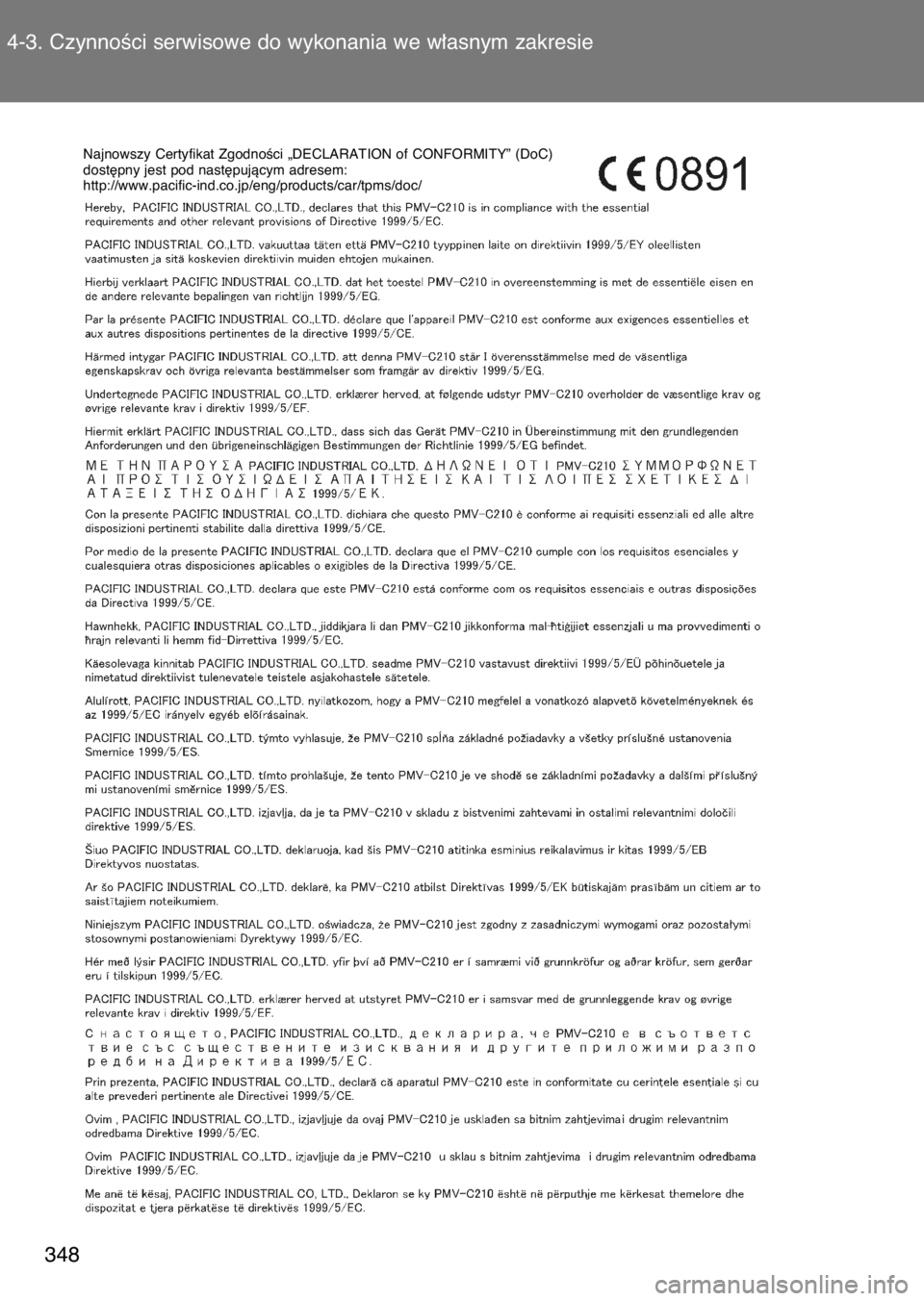 TOYOTA GT86 2017  Instrukcja obsługi (in Polish) 4-3. CzynnoÊci serwisowe do wykonania we w∏asnym zakresie
348
Najnowszy Certyfikat ZgodnoÊci „DECLARATION of CONFORMITY” (DoC) 
dost´pny jest pod nast´pujàcym adresem:
http://www.pacific-in
