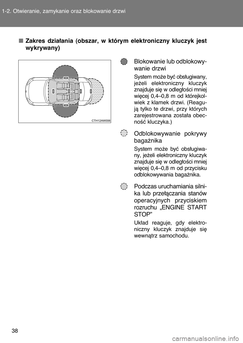 TOYOTA GT86 2017  Instrukcja obsługi (in Polish) Zakres  dzia∏ania  (obszar,  w którym  elektroniczny  kluczyk  jest
wykrywany)
Blokowanie lub odblokowy-
wanie drzwi
System mo˝e byç obs∏ugiwany,
je˝eli  elektroniczny  kluczyk
znajduje si´ w