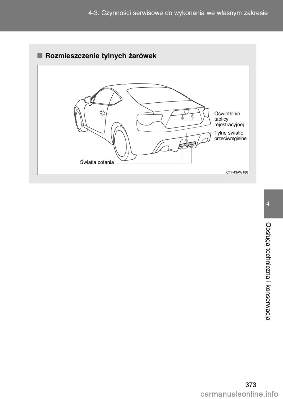 TOYOTA GT86 2017  Instrukcja obsługi (in Polish) Rozmieszczenie tylnych ˝arówek
4-3. CzynnoÊci serwisowe do wykonania we w∏asnym zakresie
373
4
Obs∏uga techniczna i konserwacja
Âwiat∏a cofania
OÊwietlenie
tablicy 
rejestracyjnej
Tylne Êw