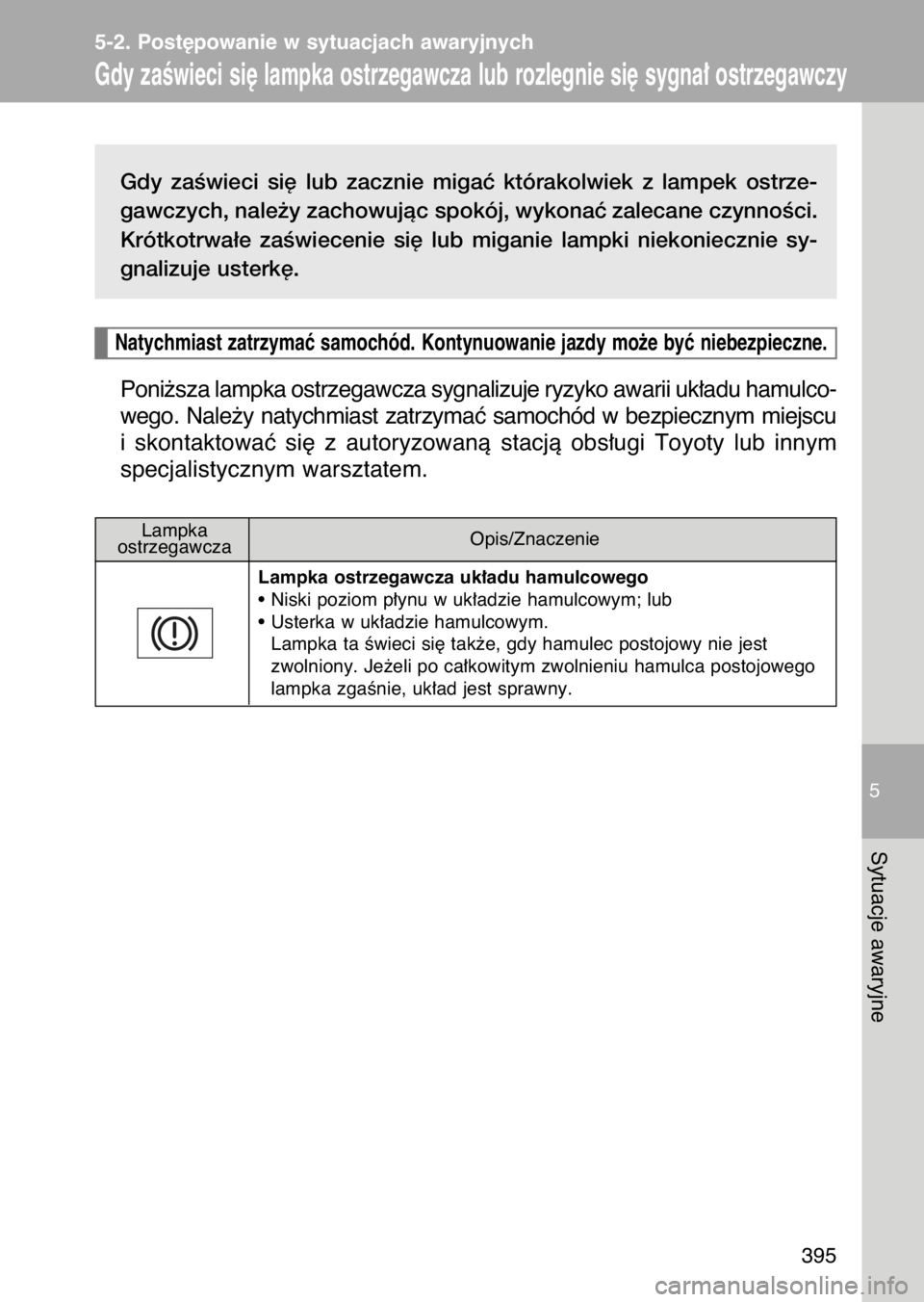 TOYOTA GT86 2017 Instrukcja obsługi (in Polish) Gdy zaÊwieci si´ lub zacznie migaç którakolwiek z lampek ostrze-
gawczych, nale˝y zachowujàc spokój, wykonaç zalecane czynnoÊci.
Krótkotrwa∏e zaÊwiecenie si´ lub miganie lam TOYOTA GT86 2017 Instrukcja obsługi (in Polish) Gdy zaÊwieci si´ lub zacznie migaç którakolwiek z lampek ostrze-
gawczych, nale˝y zachowujàc spokój, wykonaç zalecane czynnoÊci.
Krótkotrwa∏e zaÊwiecenie si´ lub miganie lam