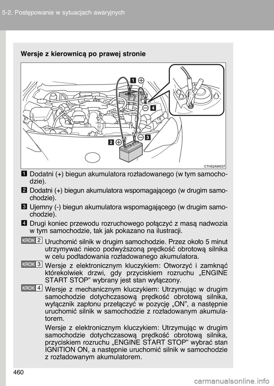 TOYOTA GT86 2017  Instrukcja obsługi (in Polish) Wersje z kierownicà po prawej stronie
Dodatni (+) biegun akumulatora roz∏adowanego (w tym samocho-
dzie).
Dodatni (+) biegun akumulatora wspomagajàcego (w drugim samo-
chodzie).
Ujemny (-) biegun 