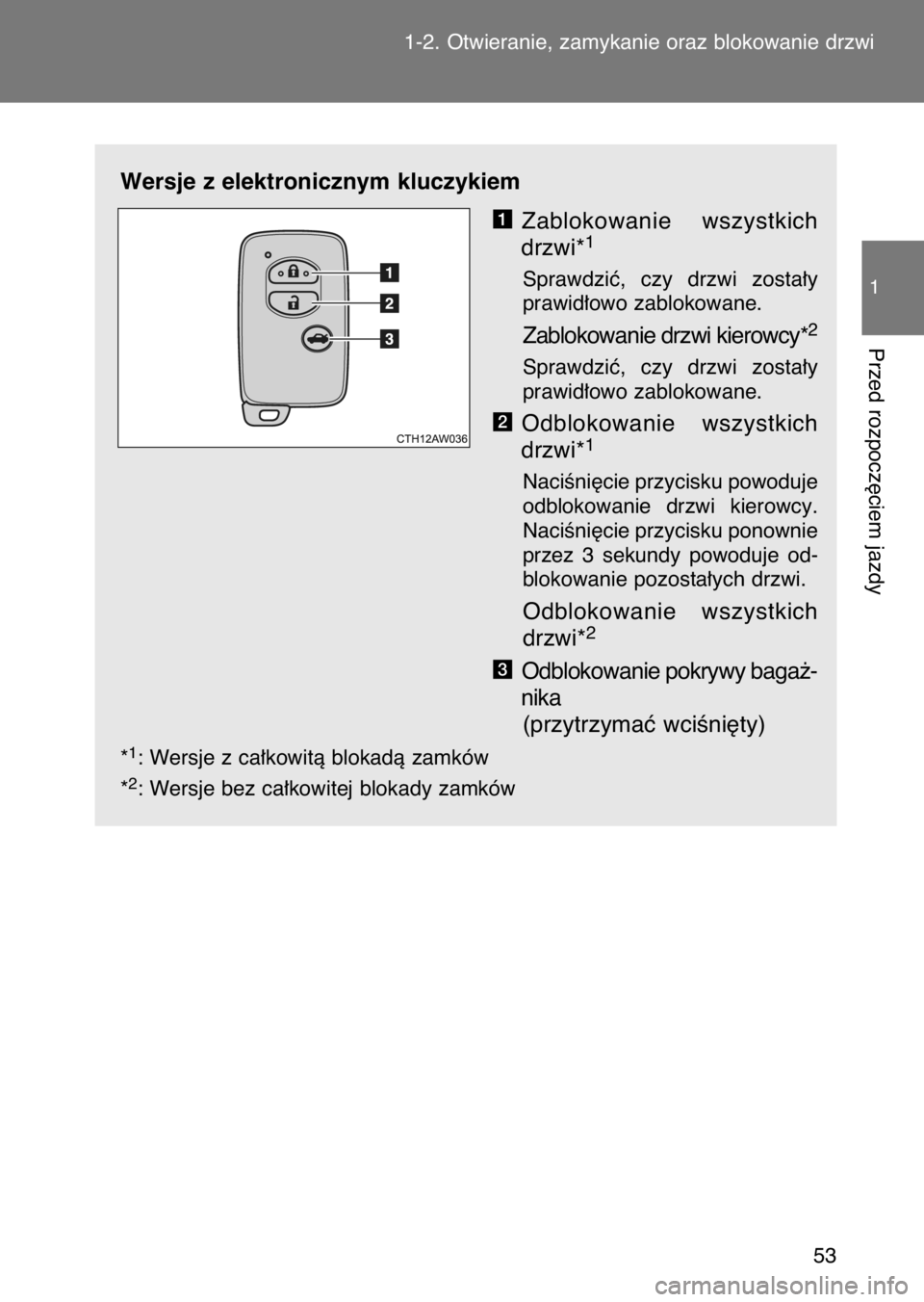 TOYOTA GT86 2017  Instrukcja obsługi (in Polish) Wersje z elektronicznym kluczykiem
Zablokowanie  wszystkich
drzwi*
1
Sprawdziç,  czy  drzwi  zosta∏y
prawid∏owo zablokowane.
Zablokowanie drzwi kierowcy*2
Sprawdziç,  czy  drzwi  zosta∏y
prawi