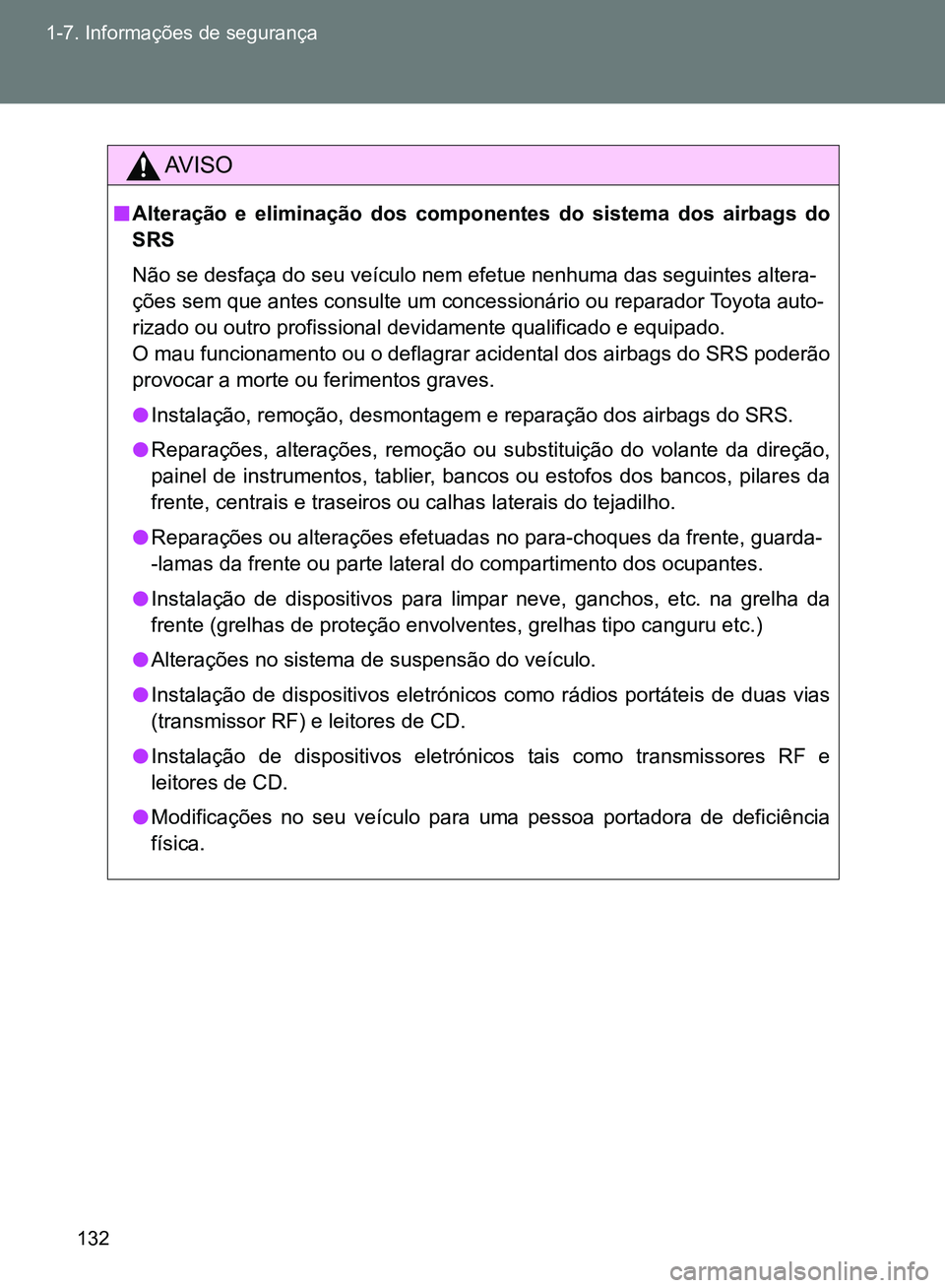 TOYOTA GT86 2017  Manual de utilização (in Portuguese) 132 1-7. Informações de segurança
AV I S O
nAlteração e eliminação dos componentes do sistema dos airbags do
SRS
Não se desfaça do seu veículo nem efetue nenhuma das seguintes altera-
ções