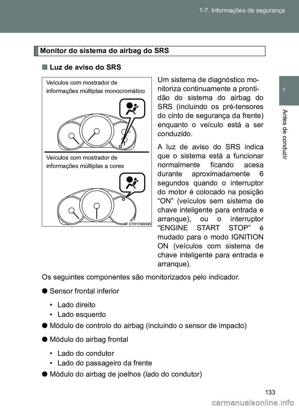 TOYOTA GT86 2017  Manual de utilização (in Portuguese) 133 1-7. Informações de segurança
1
Antes de conduzir
Monitor do sistema do airbag do SRS
nLuz de aviso do SRS
Um sistema de diagnóstico mo-
nitoriza continuamente a pronti-
dão do sistema do air
