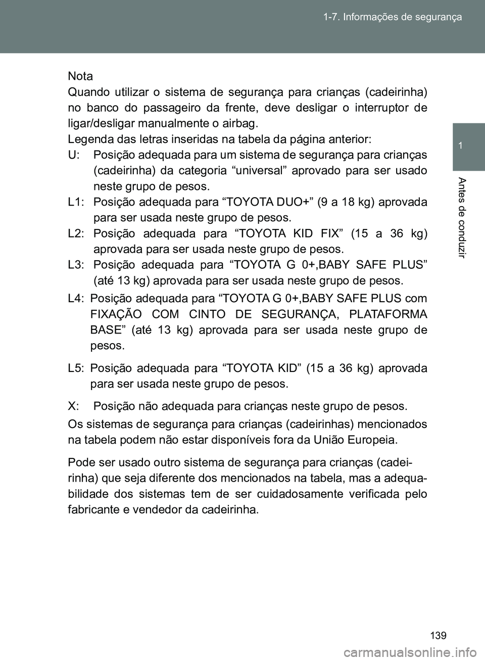 TOYOTA GT86 2017  Manual de utilização (in Portuguese) 139 1-7. Informações de segurança
1
Antes de conduzir
Nota
Quando utilizar o sistema de segurança para crianças (cadeirinha)
no banco do passageiro da frente, deve desligar o interruptor de
ligar