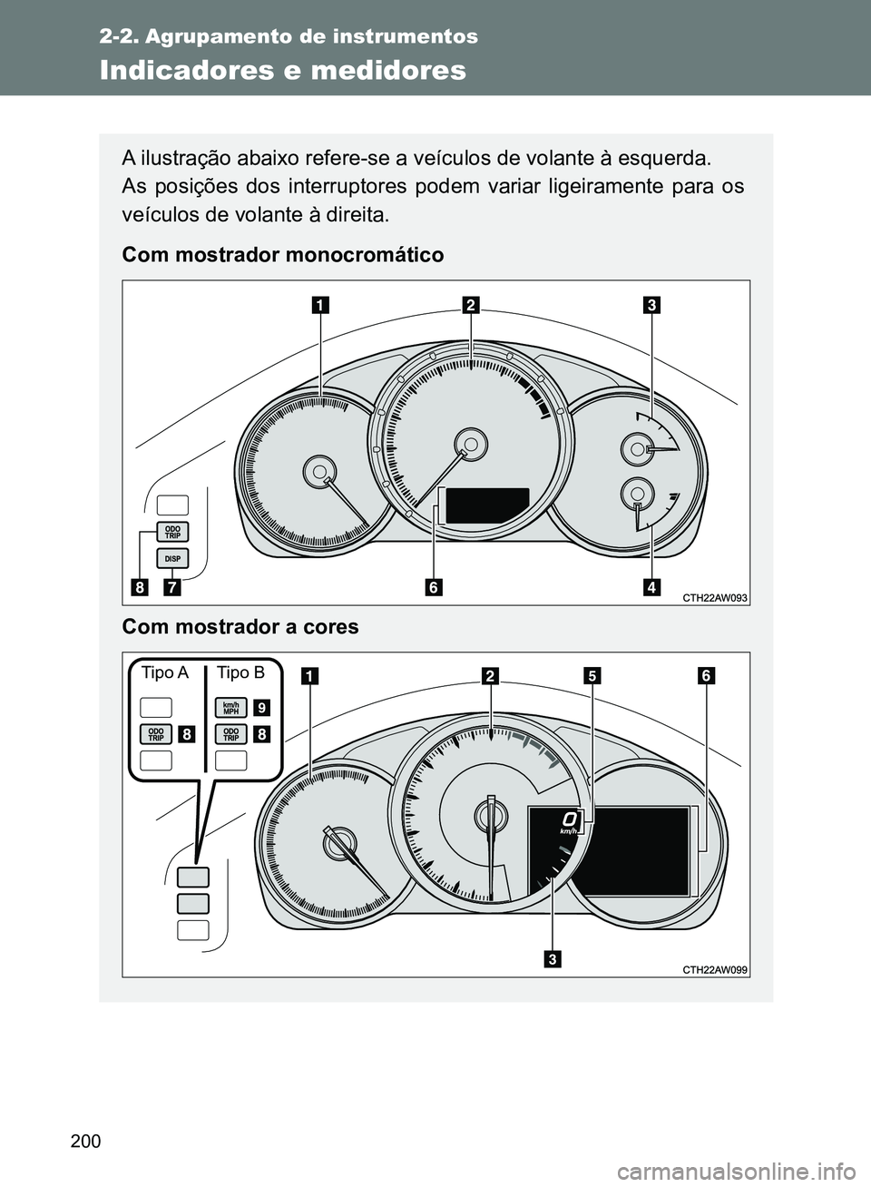 TOYOTA GT86 2017  Manual de utilização (in Portuguese) 200
2-2. Agrupamento de instrumentos
Indicadores e medidores 
A ilustração abaixo refere-se a veículos de volante à esquerda.
As posições dos interruptores podem variar ligeiramente para os
veí