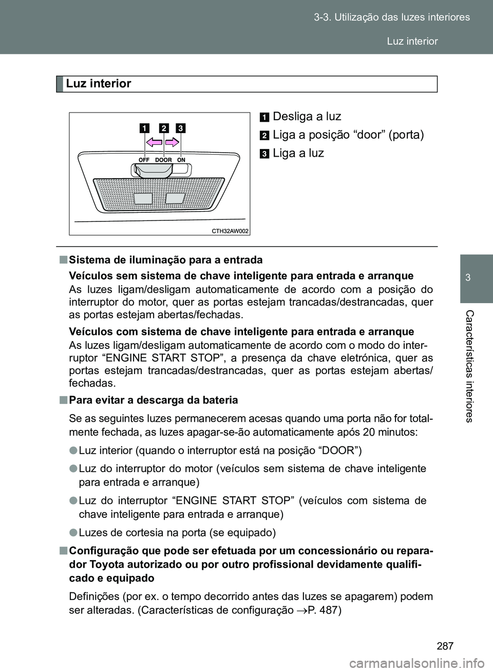 TOYOTA GT86 2017 Manual de utilização (in Portuguese) 287 3-3. Utilização das luzes interiores
3
Características interiores
Luz interior
Desliga a luz
Liga a posição “door” (porta)
Liga a luz
nSistema de iluminação para a entrada
Veículos s TOYOTA GT86 2017 Manual de utilização (in Portuguese) 287 3-3. Utilização das luzes interiores
3
Características interiores
Luz interior
Desliga a luz
Liga a posição “door” (porta)
Liga a luz
nSistema de iluminação para a entrada
Veículos s