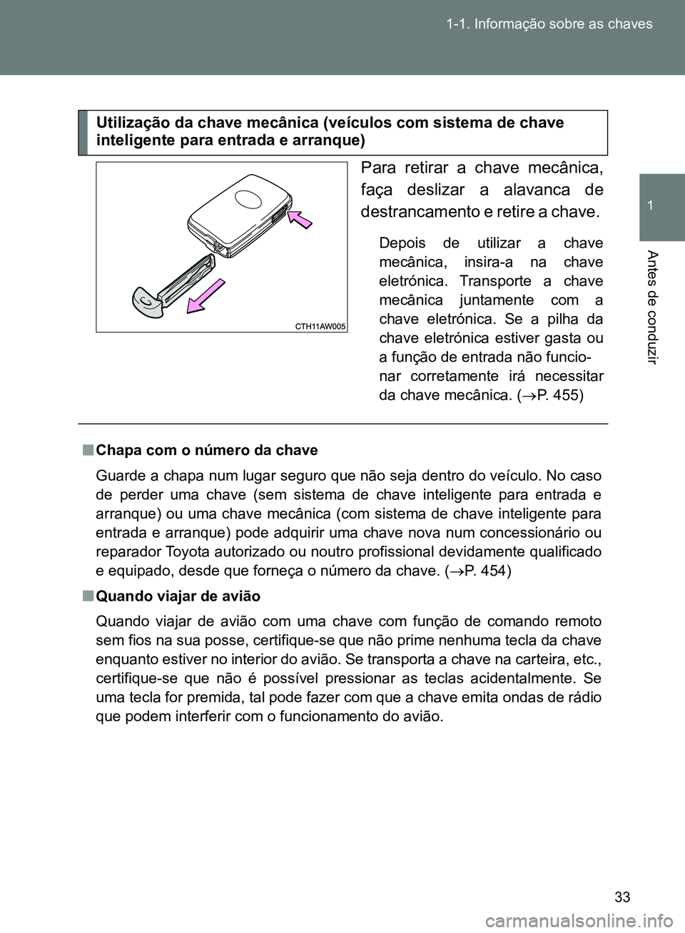 TOYOTA GT86 2017  Manual de utilização (in Portuguese) 33 1-1. Informação sobre as chaves
1
Antes de conduzir
Para retirar a chave mecânica,
faça deslizar a alavanca de
destrancamento e retire a chave. 
Depois de utilizar a chave
mecânica, insira-a n