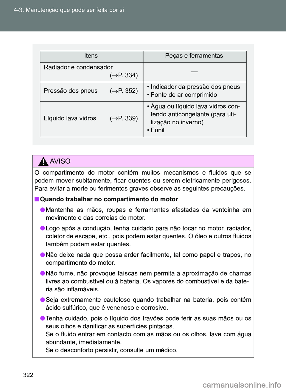 TOYOTA GT86 2017  Manual de utilização (in Portuguese) 322 4-3. Manutenção que pode ser feita por si
AV I S O
O compartimento do motor contém muitos mecanismos e fluidos que se
podem mover subitamente, ficar quentes ou serem eletricamente perigosos.
Pa
