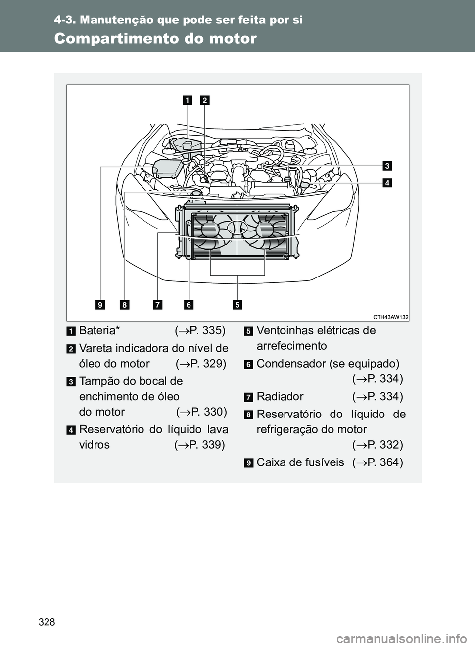 TOYOTA GT86 2017  Manual de utilização (in Portuguese) 328
4-3. Manutenção que pode ser feita por si
Compartimento do motor
Bateria* (P. 335)
Vareta indicadora do nível de
óleo do motor        (P. 329)
Tampão do bocal de 
enchimento de óleo 
d