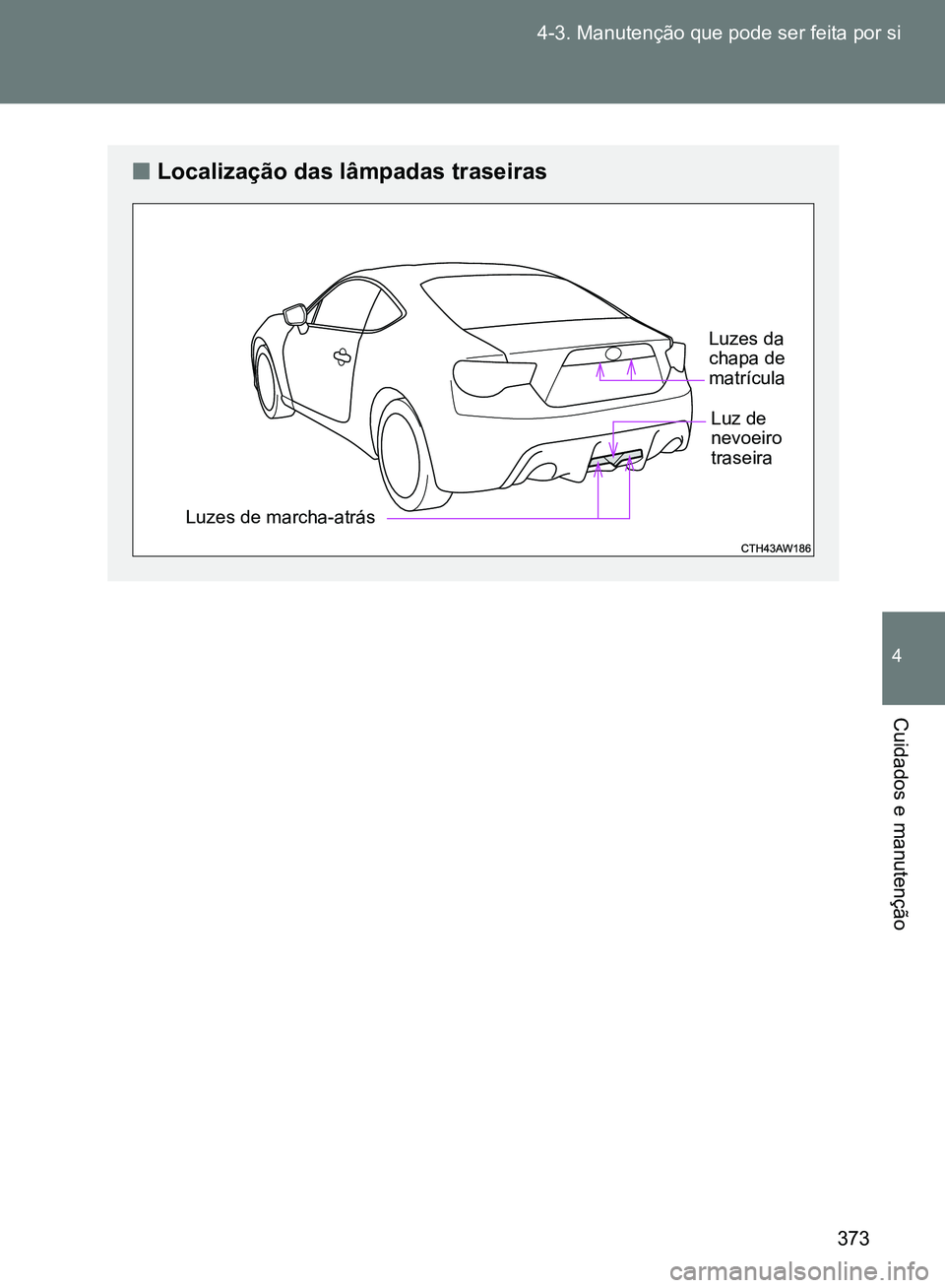 TOYOTA GT86 2017  Manual de utilização (in Portuguese) 373 4-3. Manutenção que pode ser feita por si
4
Cuidados e manutenção
nLocalização das lâmpadas traseiras
Luzes de marcha-atrásLuzes da 
chapa de 
matrícula
Luz de 
nevoeiro 
traseira
sec_04-