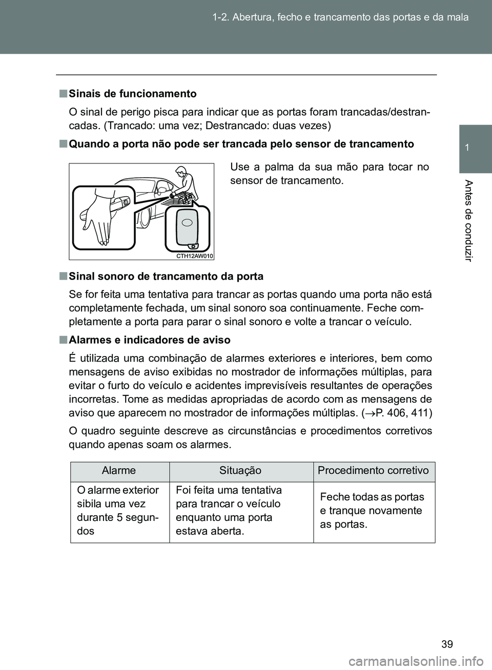 TOYOTA GT86 2017  Manual de utilização (in Portuguese) 39 1-2. Abertura, fecho e trancamento das portas e da mala
1
Antes de conduzir
nSinais de funcionamento
O sinal de perigo pisca para indicar que as portas foram trancadas/destran-
cadas. (Trancado: um