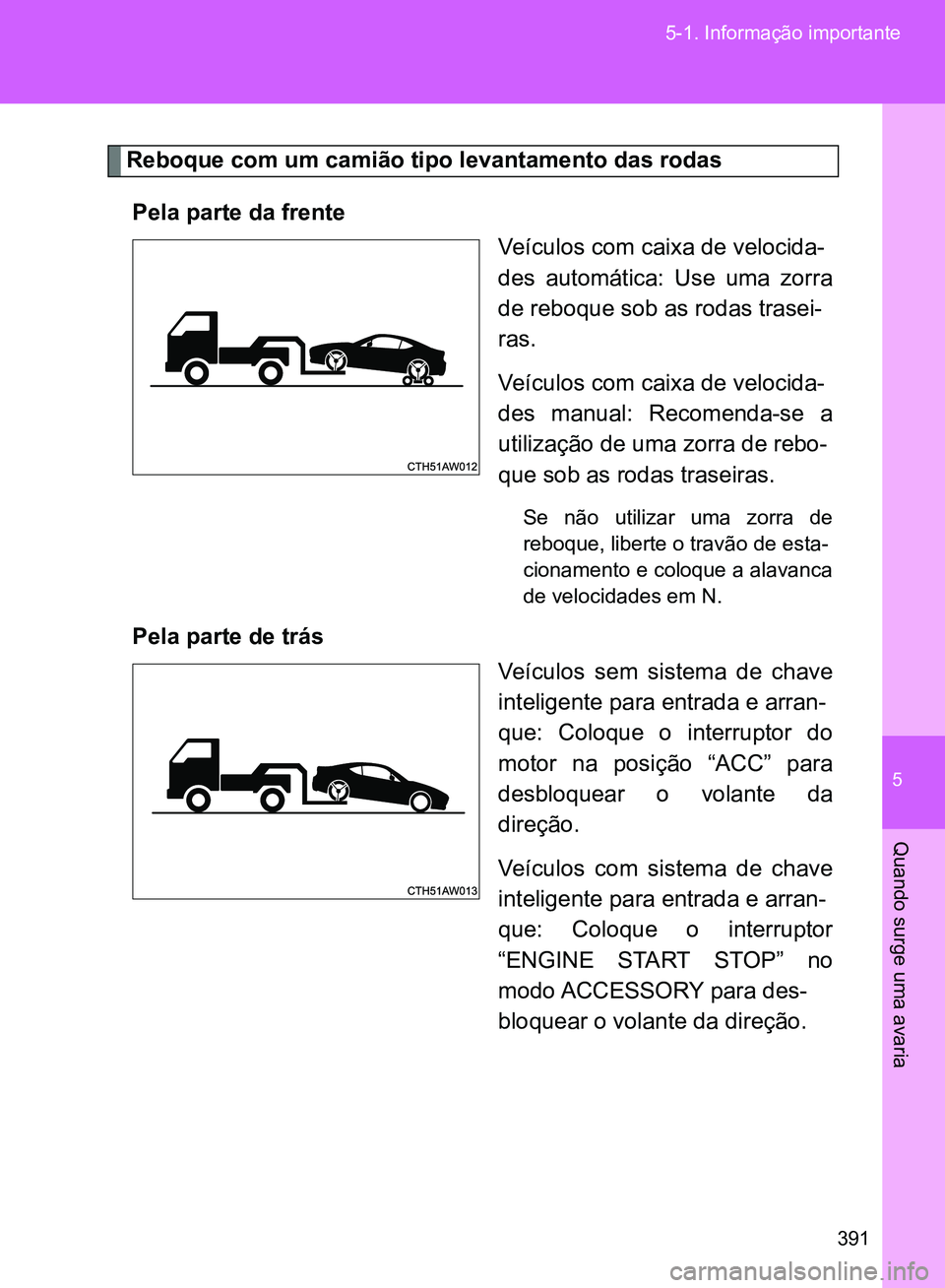 TOYOTA GT86 2017  Manual de utilização (in Portuguese) 5
391 5-1. Informação importante
Quando surge uma avaria
Reboque com um camião tipo levantamento das rodas
Pela parte da frente 
Veículos com caixa de velocida-
des automática: Use uma zorra
de r