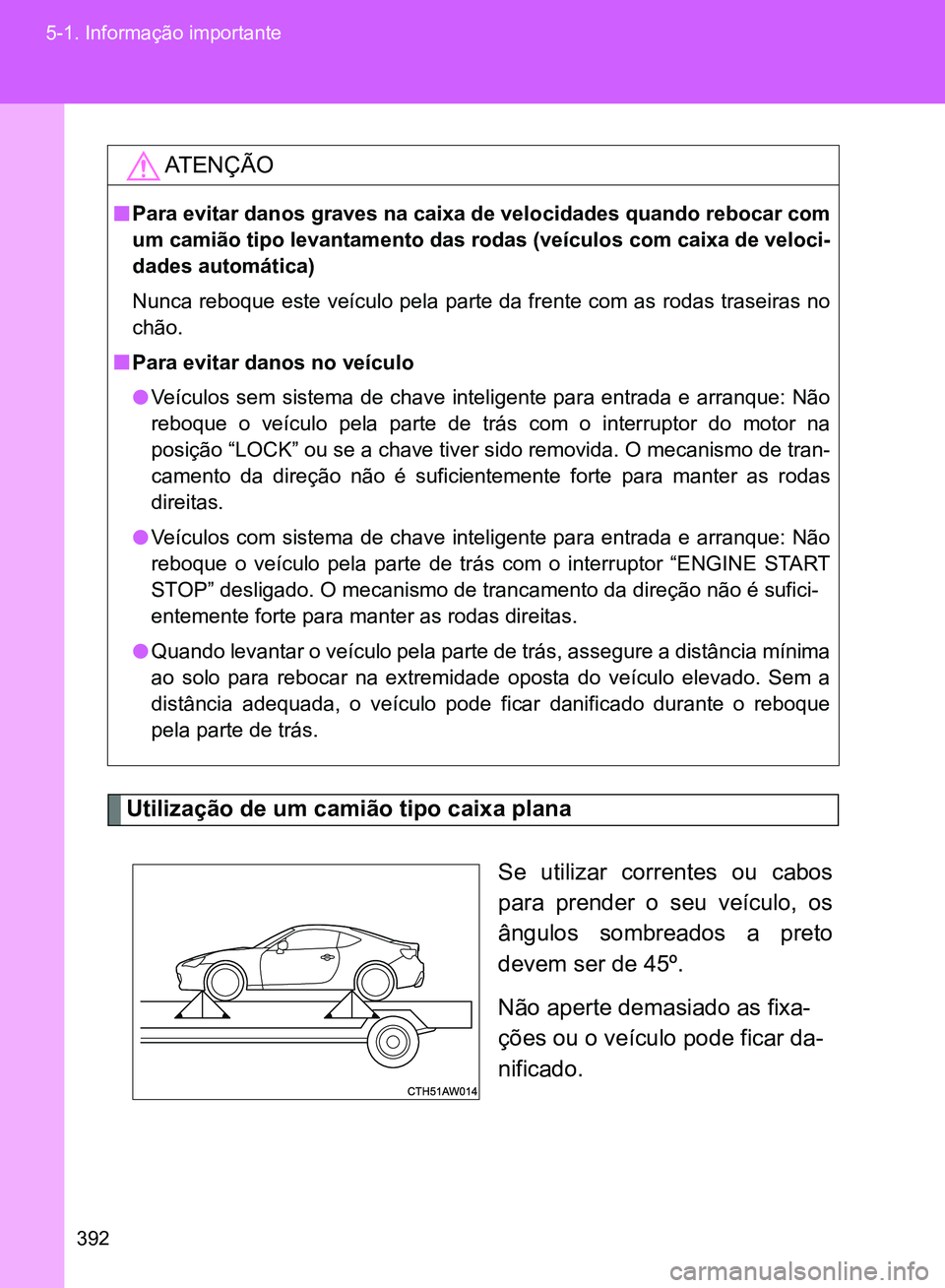 TOYOTA GT86 2017  Manual de utilização (in Portuguese) 392 5-1. Informação importante
Utilização de um camião tipo caixa plana
Se utilizar correntes ou cabos
para prender o seu veículo, os
ângulos sombreados a preto
devem ser de 45º.
Não aperte d