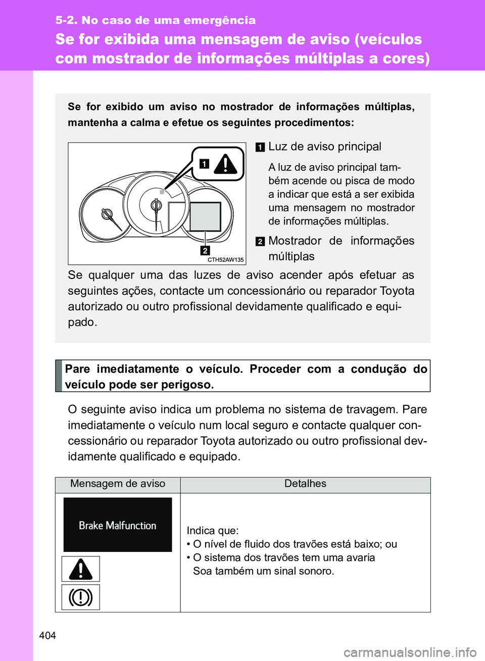 TOYOTA GT86 2017  Manual de utilização (in Portuguese) 404
5-2. No caso de uma emergência
Se for exibida uma mensagem de aviso (veículos 
com mostrador de informações múltiplas a cores)
Pare imediatamente o veículo. Proceder com a condução do
veí