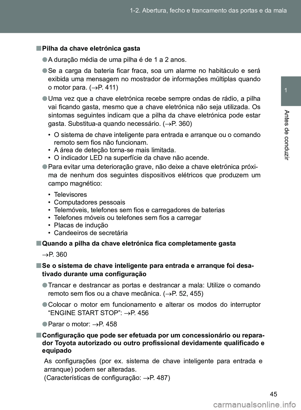 TOYOTA GT86 2017  Manual de utilização (in Portuguese) 45 1-2. Abertura, fecho e trancamento das portas e da mala
1
Antes de conduzir
nPilha da chave eletrónica gasta
lA duração média de uma pilha é de 1 a 2 anos.
lSe a carga da bateria ficar fraca, 