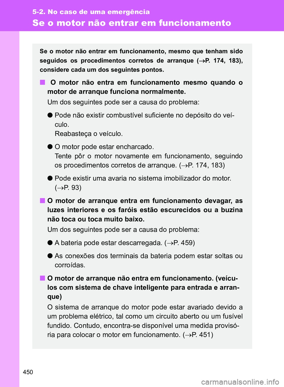 TOYOTA GT86 2017  Manual de utilização (in Portuguese) 450
5-2. No caso de uma emergência
Se o motor não entrar em funcionamento
Se o motor não entrar em funcionamento, mesmo que tenham sido
seguidos os procedimentos corretos de arranque (P. 174, 18