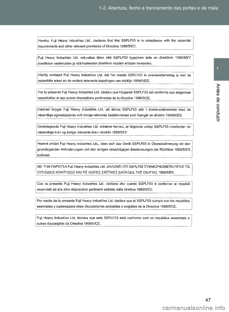 TOYOTA GT86 2017  Manual de utilização (in Portuguese) 47 1-2. Abertura, fecho e trancamento das portas e da mala
1
Antes de conduzir
sec_01-02.fm  Page 47  Monday, October 10, 2016  4:27 PM 