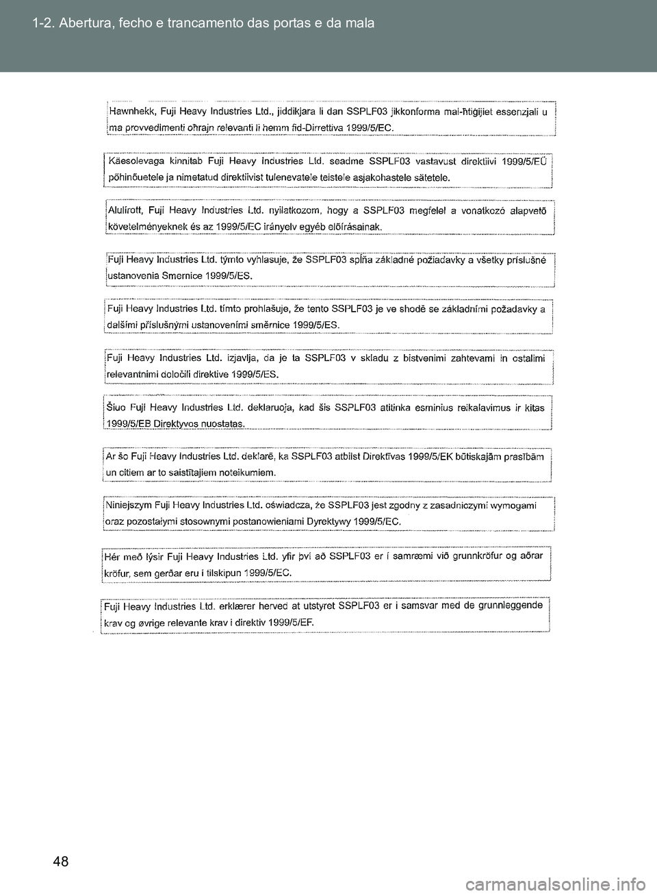 TOYOTA GT86 2017  Manual de utilização (in Portuguese) 48 1-2. Abertura, fecho e trancamento das portas e da mala
sec_01-02.fm  Page 48  Monday, October 10, 2016  4:27 PM 