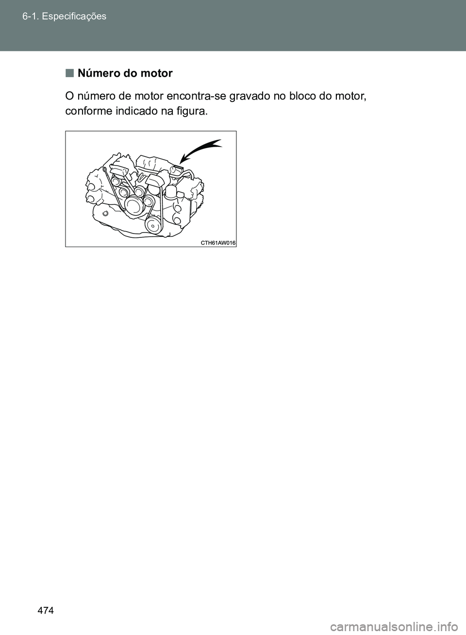 TOYOTA GT86 2017  Manual de utilização (in Portuguese) 474 6-1. Especificações
nNúmero do motor
O número de motor encontra-se gravado no bloco do motor, 
conforme indicado na figura.
sec_06-01.fm  Page 474  Tuesday, October 11, 2016  11:25 AM 