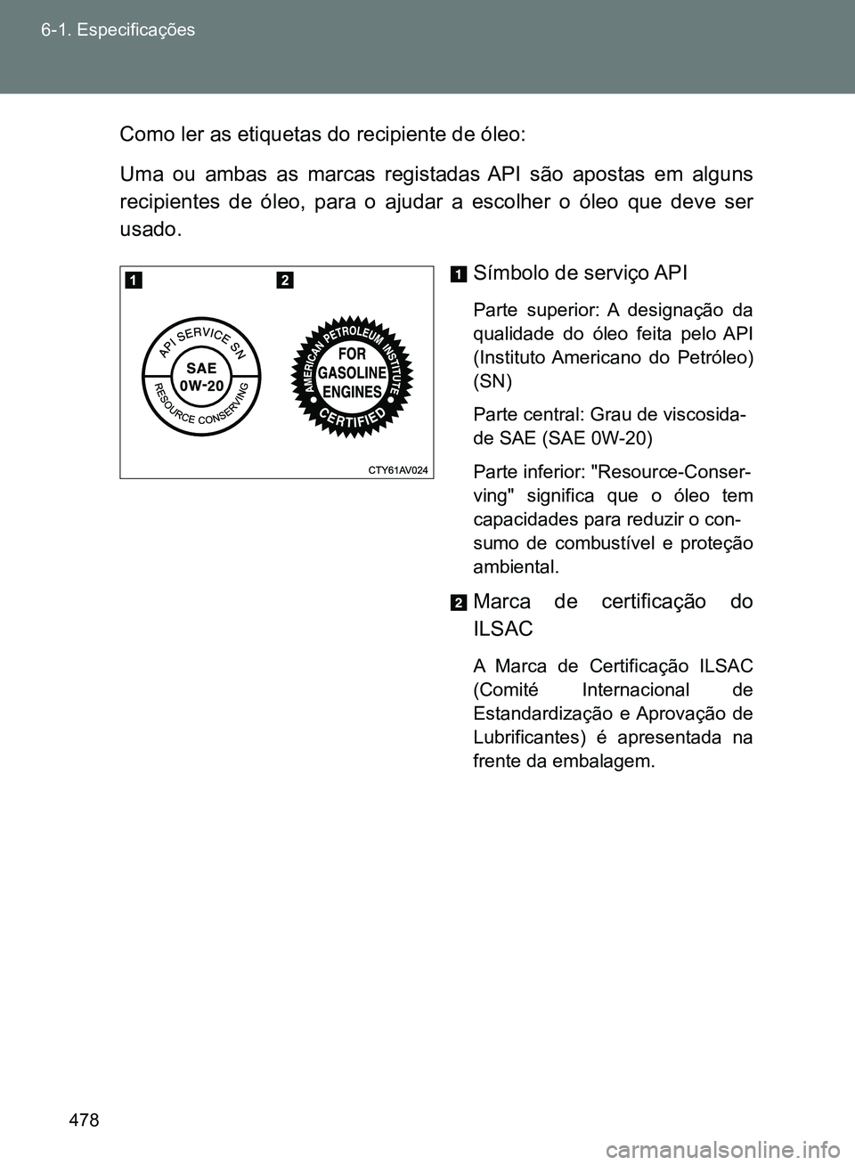 TOYOTA GT86 2017  Manual de utilização (in Portuguese) 478 6-1. Especificações
Como ler as etiquetas do recipiente de óleo:
Uma ou ambas as marcas registadas API são apostas em alguns
recipientes de óleo, para o ajudar a escolher o óleo que deve ser