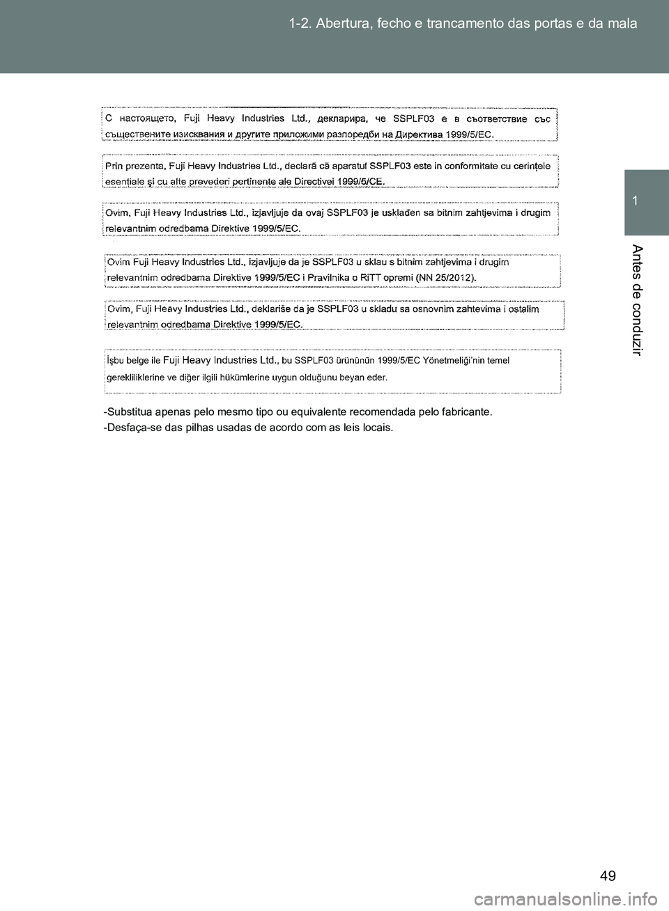 TOYOTA GT86 2017  Manual de utilização (in Portuguese) 49 1-2. Abertura, fecho e trancamento das portas e da mala
1
Antes de conduzir
-Substitua apenas pelo mesmo tipo ou equivalente recomendada pelo fabricante.
-Desfaça-se das pilhas usadas de acordo co