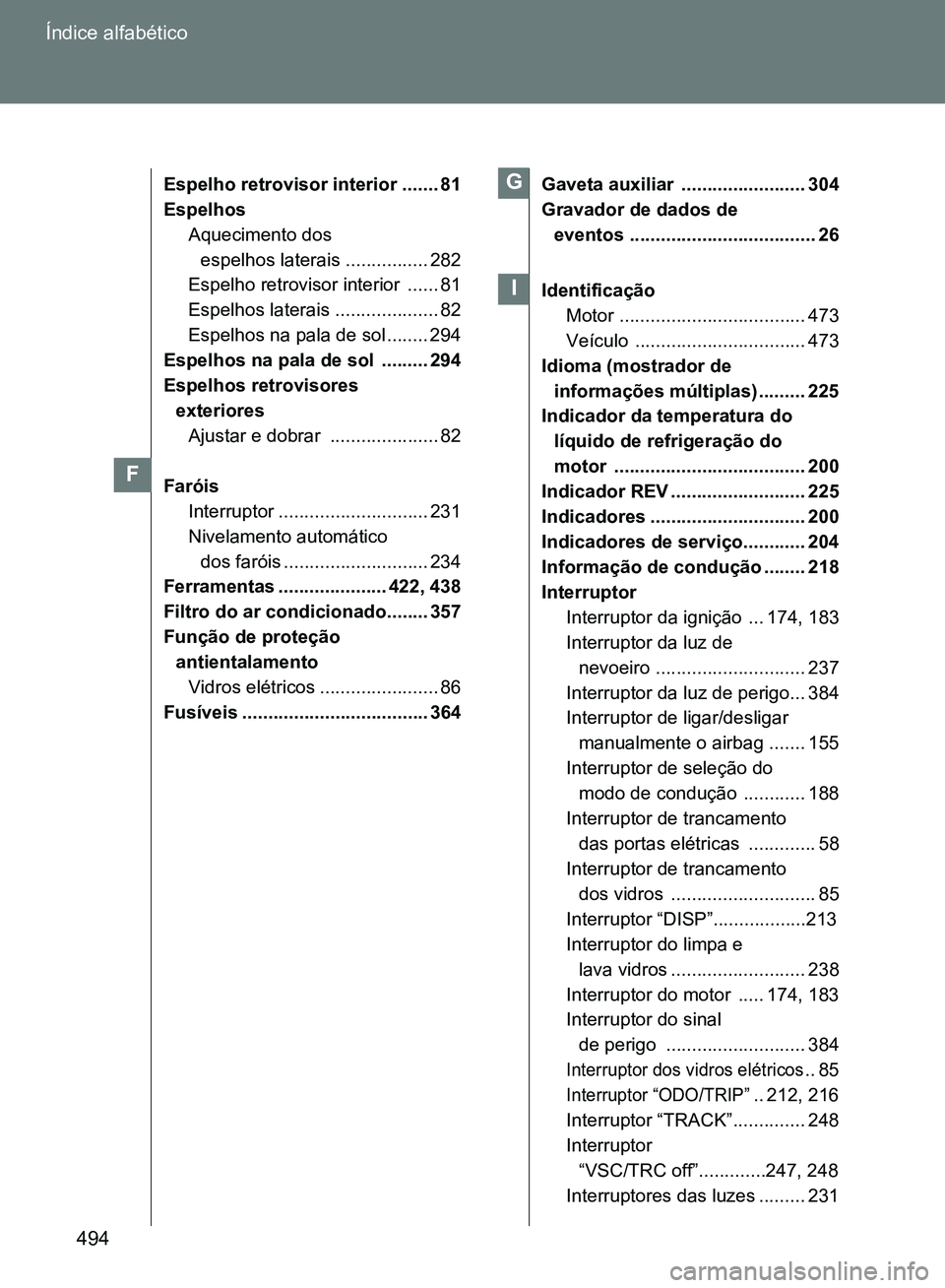 TOYOTA GT86 2017  Manual de utilização (in Portuguese) 494 Índice alfabético
Espelho retrovisor interior ....... 81
Espelhos
Aquecimento dos 
espelhos laterais ................ 282
Espelho retrovisor interior  ...... 81
Espelhos laterais ...............