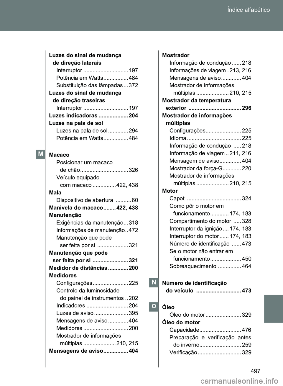 TOYOTA GT86 2017  Manual de utilização (in Portuguese) 497 Índice alfabético
Luzes do sinal de mudança 
de direção laterais 
Interruptor ............................. 197
Potência em Watts ................ 484
Substituição das lâmpadas ... 372
Lu