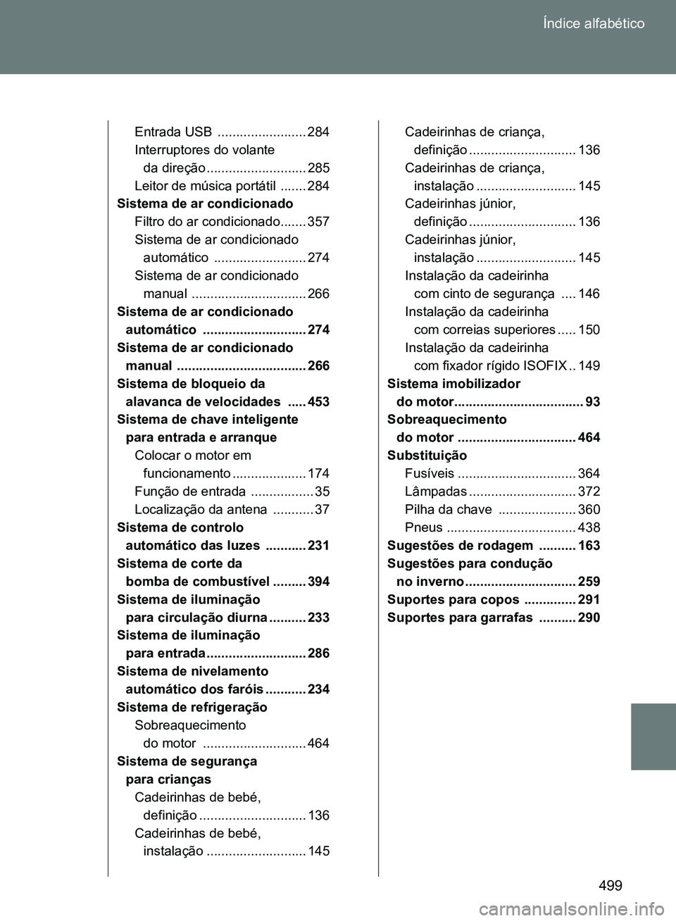 TOYOTA GT86 2017  Manual de utilização (in Portuguese) 499 Índice alfabético
Entrada USB  ........................ 284
Interruptores do volante 
da direção ........................... 285
Leitor de música portátil  ....... 284
Sistema de ar condicio