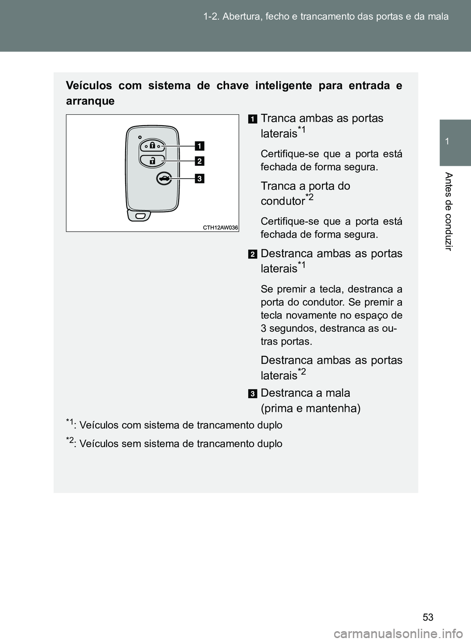 TOYOTA GT86 2017  Manual de utilização (in Portuguese) 53 1-2. Abertura, fecho e trancamento das portas e da mala
1
Antes de conduzir
Veículos com sistema de chave inteligente para entrada e
arranque
Tranca ambas as portas 
laterais
*1 
Certifique-se que