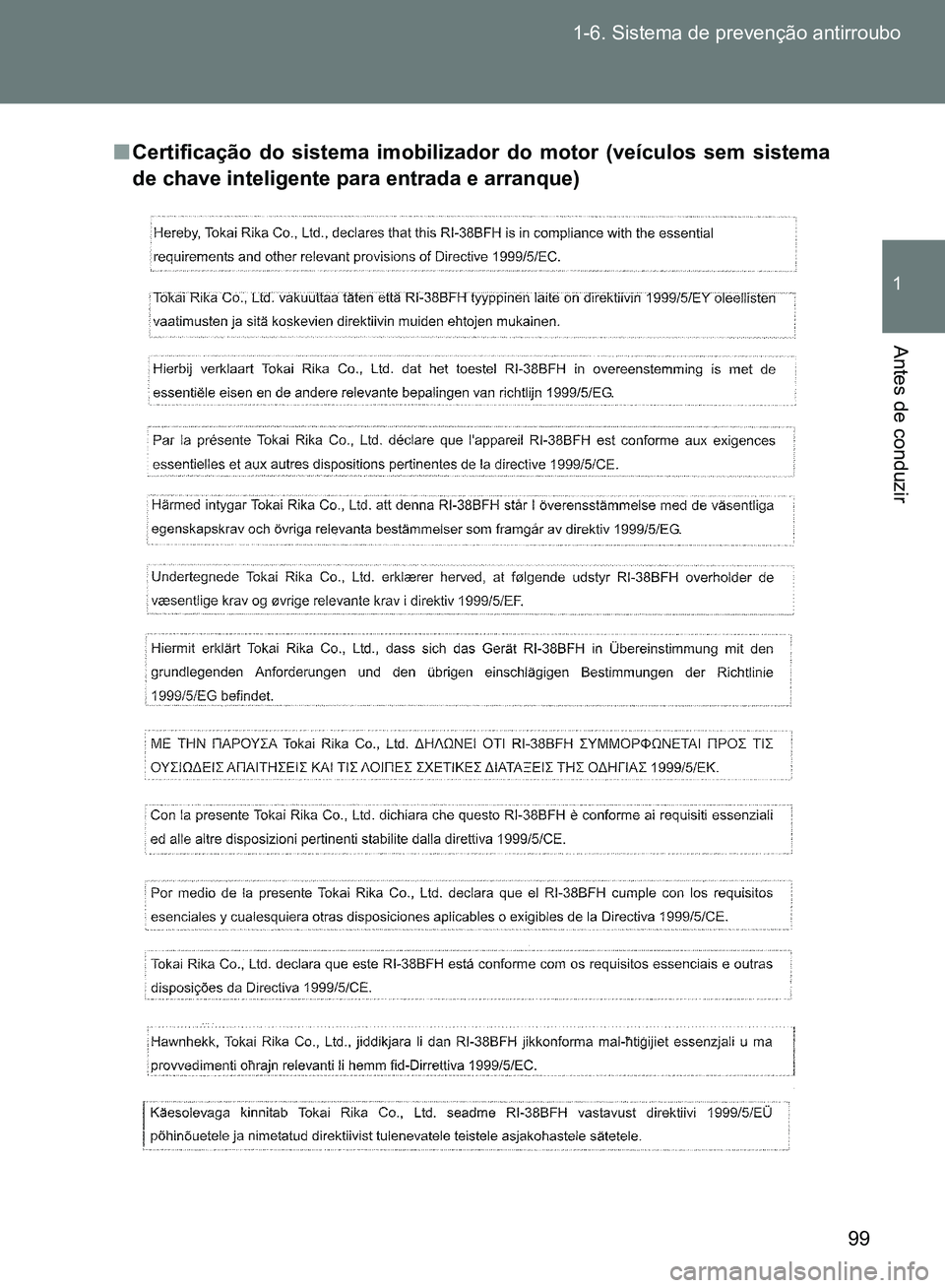 TOYOTA GT86 2017  Manual de utilização (in Portuguese) 99 1-6. Sistema de prevenção antirroubo
1
Antes de conduzir
nCertificação do sistema imobilizador do motor (veículos sem sistema
de chave inteligente para entrada e arranque) 
sec_01-06.fm  Page 