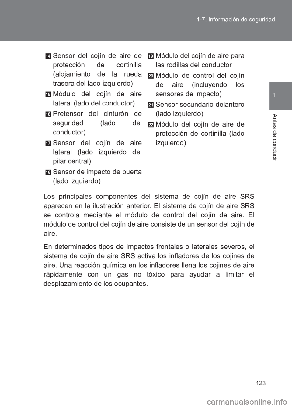 TOYOTA GT86 2017  Manuale de Empleo (in Spanish) 123
1-7. Información de seguridad
1
Antes de conducir
86_ES (OM18075S)
Los principales componentes del sistema de cojín de aire SRS
aparecen en la ilustración anterior. El sistema de cojín de aire