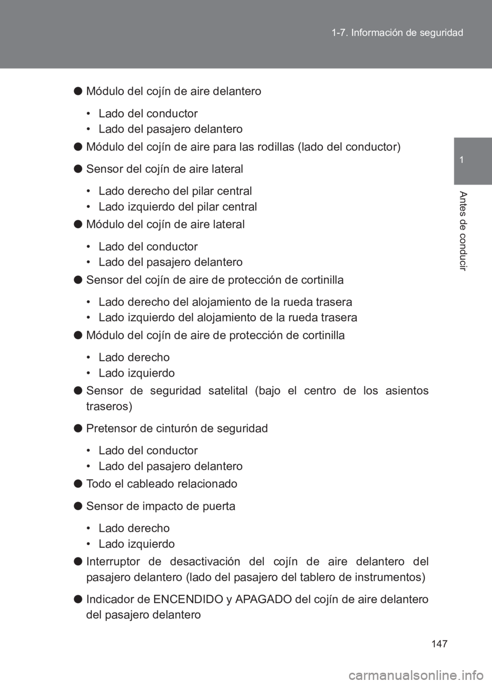 TOYOTA GT86 2017  Manuale de Empleo (in Spanish) 147
1-7. Información de seguridad
1
Antes de conducir
86_ES (OM18075S)
●
Módulo del cojín de aire delantero
• Lado del conductor
• Lado del pasajero delantero
● Módulo del cojín de aire p