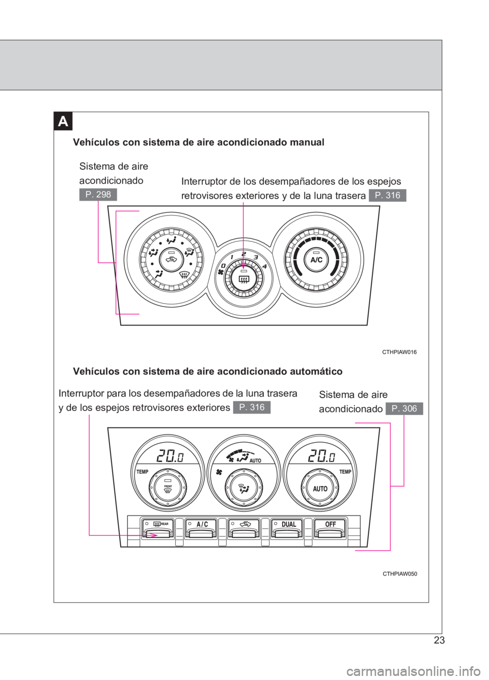 TOYOTA GT86 2017 Manuale de Empleo (in Spanish) 86_ES (OM18075S)
23
A
Interruptor de los desempañadores de los espejos
retrovisores exteriores y de la luna trasera
P. 316
Vehículos con sistema de aire acondicionado automático Vehículos con si TOYOTA GT86 2017 Manuale de Empleo (in Spanish) 86_ES (OM18075S)
23
A
Interruptor de los desempañadores de los espejos
retrovisores exteriores y de la luna trasera
P. 316
Vehículos con sistema de aire acondicionado automático Vehículos con si
