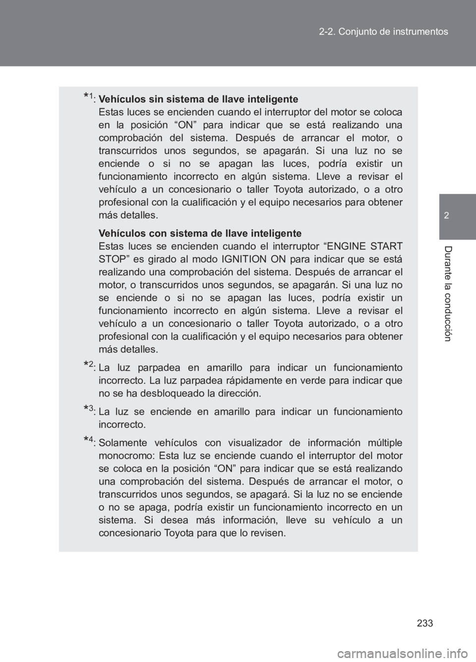 TOYOTA GT86 2017 Manuale de Empleo (in Spanish) 233
2-2. Conjunto de instrumentos
2
Durante la conducción
86_ES (OM18075S)
*1:
Vehículos sin sistema de llave inteligente
Estas luces se encienden cuando el interruptor del motor se coloca
en la p TOYOTA GT86 2017 Manuale de Empleo (in Spanish) 233
2-2. Conjunto de instrumentos
2
Durante la conducción
86_ES (OM18075S)
*1:
Vehículos sin sistema de llave inteligente
Estas luces se encienden cuando el interruptor del motor se coloca
en la p