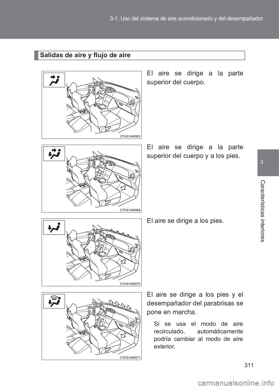 TOYOTA GT86 2017  Manuale de Empleo (in Spanish) 311
3-1. Uso del sistema de aire acondicionado y del desempañador
3
Características interiores
86_ES (OM18075S)
Salidas de aire y flujo de aireEl aire se dirige a la parte
superior del cuerpo.
El ai