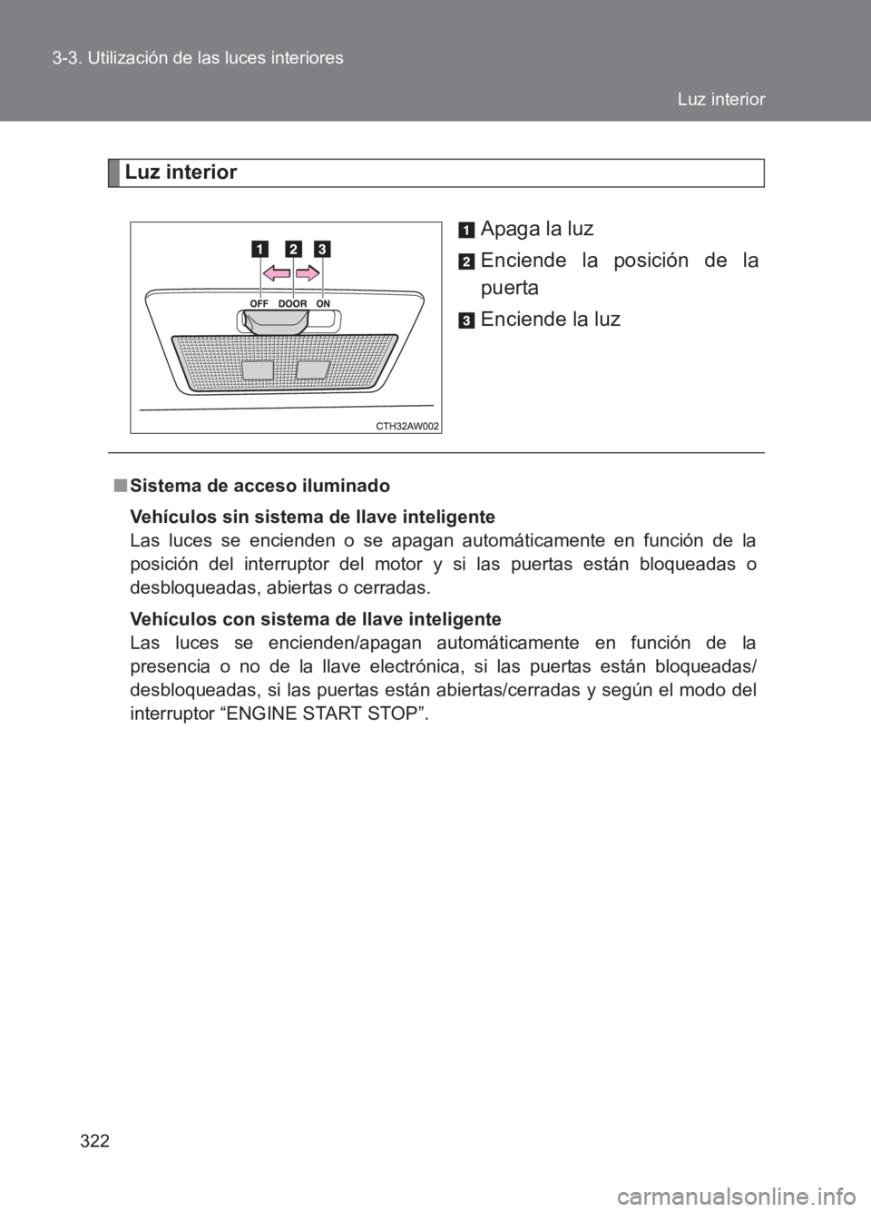 TOYOTA GT86 2017  Manuale de Empleo (in Spanish) 322
3-3. Utilización de las luces interiores
86_ES (OM18075S)
Luz interior
Apaga la luz
Enciende la posición de la
puerta
Enciende la luz
■Sistema de acceso iluminado
Vehículos sin sistema de lla