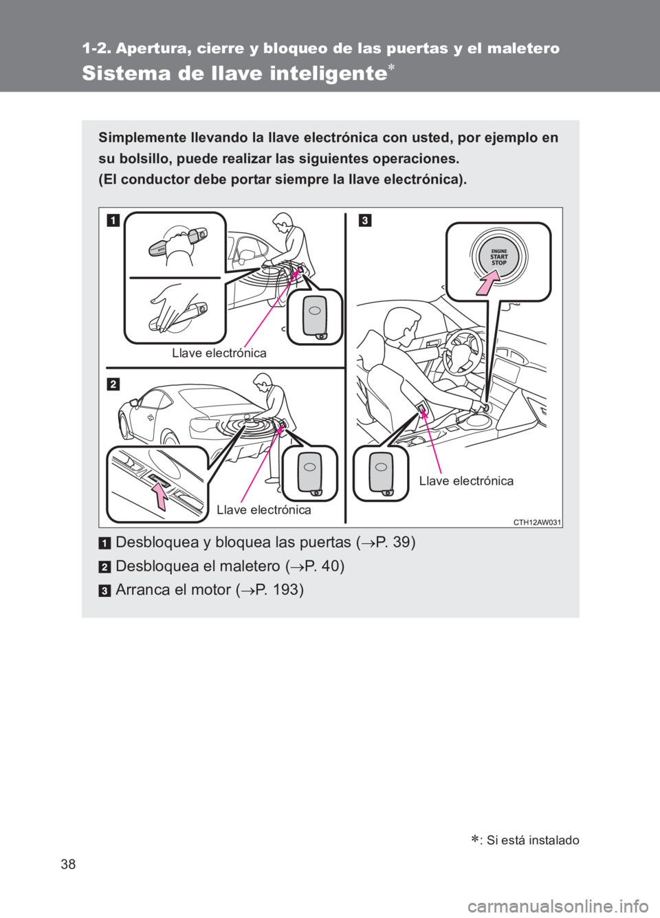 TOYOTA GT86 2017  Manuale de Empleo (in Spanish) 38
86_ES (OM18075S)
1-2. Apertura, cierre y bloqueo de las puertas y el maletero
Sistema de llave inteligente∗
Simplemente llevando la llave electrónica con usted, por ejemplo en
su bolsillo, puede