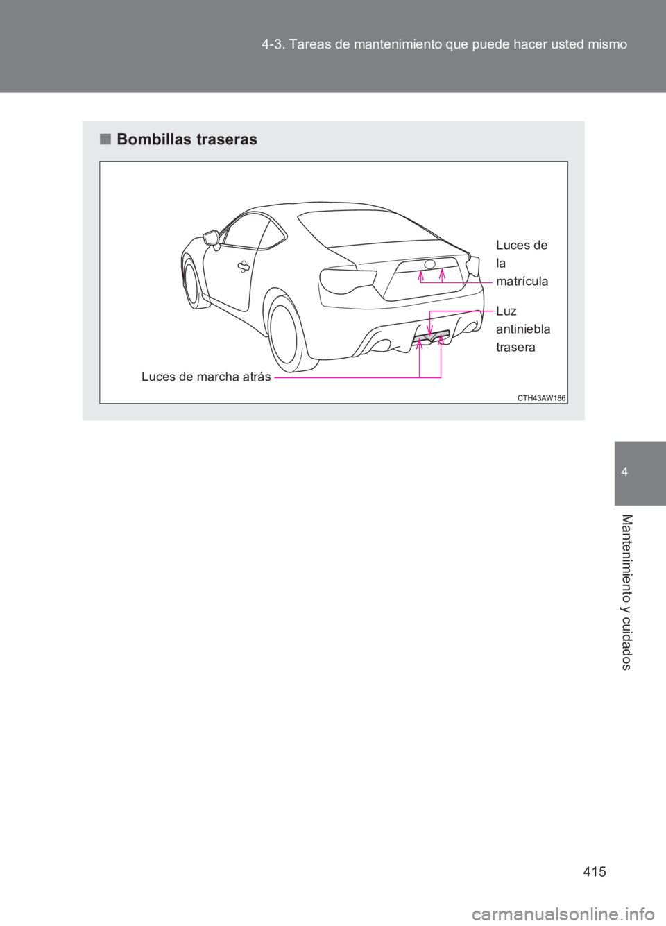 TOYOTA GT86 2017  Manuale de Empleo (in Spanish) 415
4-3. Tareas de mantenimiento que puede hacer usted mismo
4
Mantenimiento y cuidados
86_ES (OM18075S)
■
Bombillas traseras
Luces de marcha atrás Luces de 
la 
matrícula
Luz 
antiniebla 
trasera