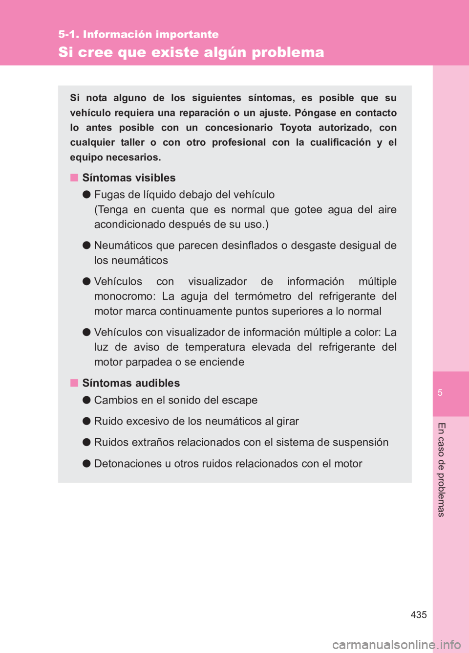 TOYOTA GT86 2017 Manuale de Empleo (in Spanish) 5
435
5-1. Información importante
En caso de problemas
86_ES (OM18075S)
Si cree que existe algún problema
Si nota alguno de los siguientes síntomas, es posible que su
vehículo requiera una reparac TOYOTA GT86 2017 Manuale de Empleo (in Spanish) 5
435
5-1. Información importante
En caso de problemas
86_ES (OM18075S)
Si cree que existe algún problema
Si nota alguno de los siguientes síntomas, es posible que su
vehículo requiera una reparac