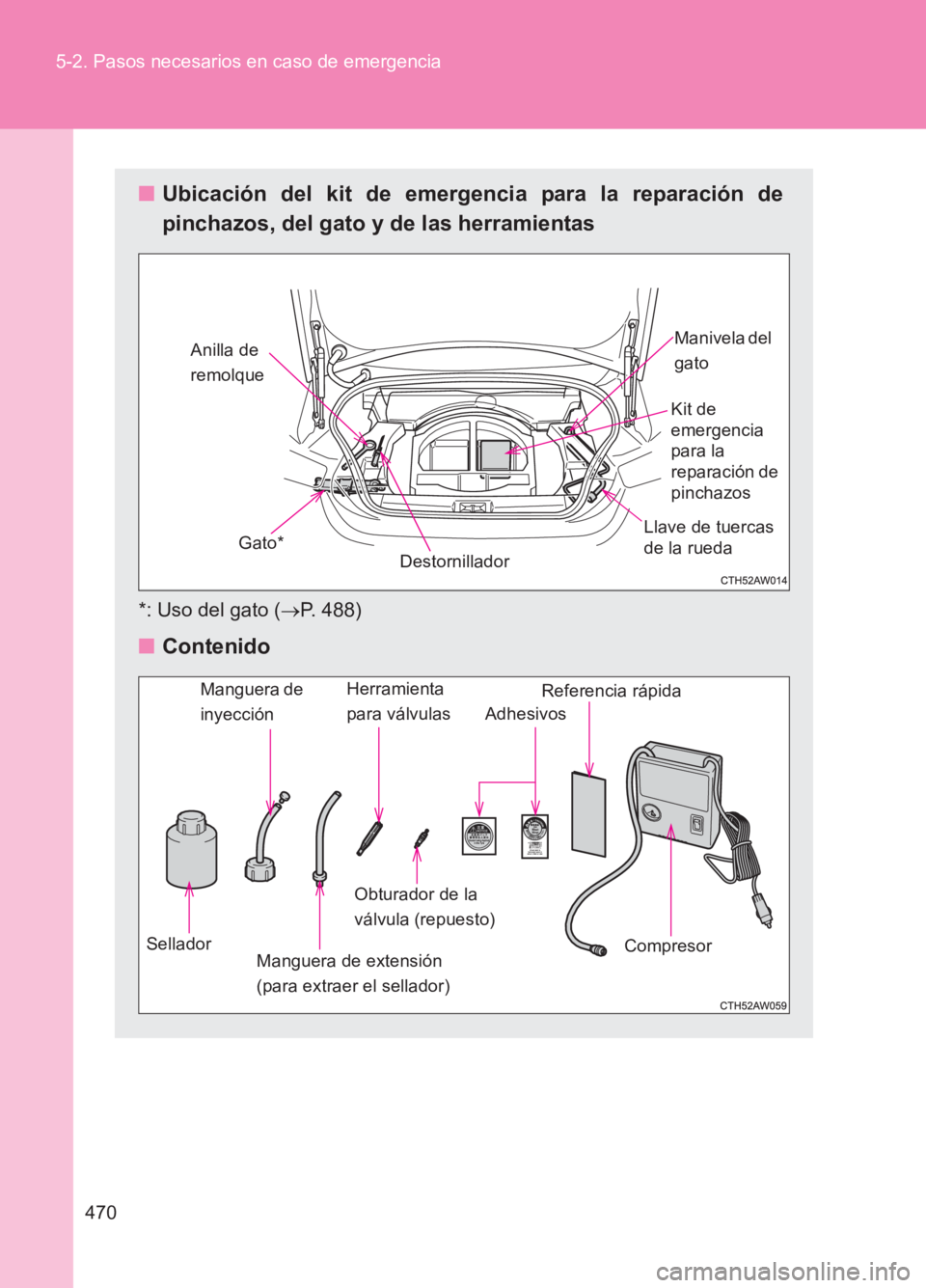 TOYOTA GT86 2017 Manuale de Empleo (in Spanish) 470
5-2. Pasos necesarios en caso de emergencia
86_ES (OM18075S)
■
Ubicación del kit de emergencia para la reparación de
pinchazos, del gato y de las herramientas
*: Uso del gato ( →P. 488)
■ TOYOTA GT86 2017 Manuale de Empleo (in Spanish) 470
5-2. Pasos necesarios en caso de emergencia
86_ES (OM18075S)
■
Ubicación del kit de emergencia para la reparación de
pinchazos, del gato y de las herramientas
*: Uso del gato ( →P. 488)
■