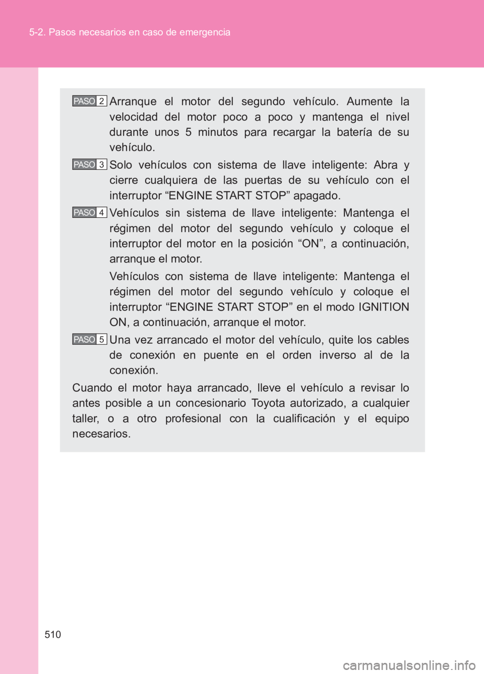 TOYOTA GT86 2017 Manuale de Empleo (in Spanish) 510
5-2. Pasos necesarios en caso de emergencia
86_ES (OM18075S)
Arranque el motor del segundo vehículo. Aumente la
velocidad del motor poco a poco y mantenga el nivel
durante unos 5 minutos para rec TOYOTA GT86 2017 Manuale de Empleo (in Spanish) 510
5-2. Pasos necesarios en caso de emergencia
86_ES (OM18075S)
Arranque el motor del segundo vehículo. Aumente la
velocidad del motor poco a poco y mantenga el nivel
durante unos 5 minutos para rec