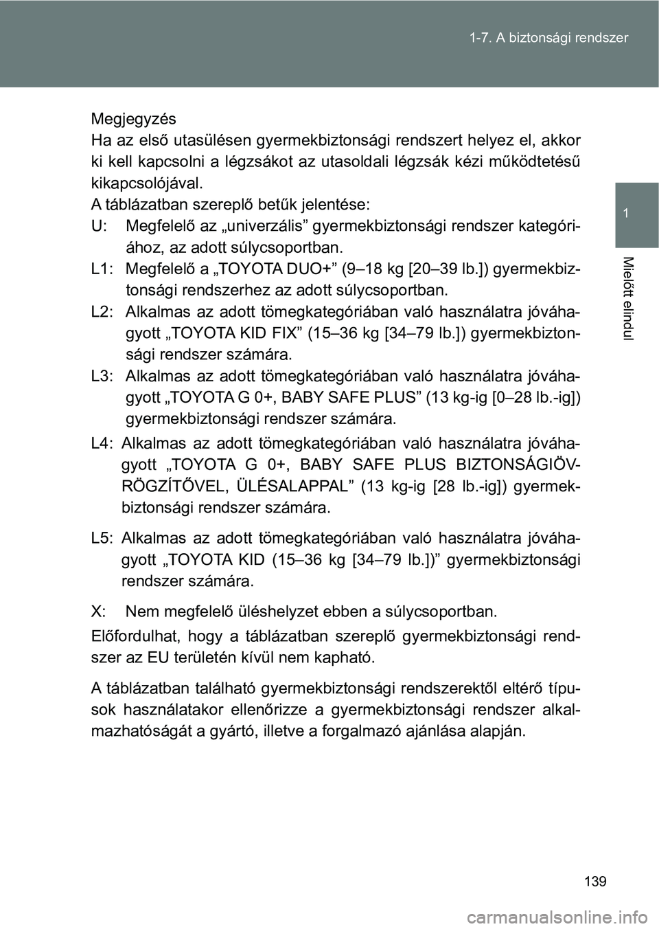 TOYOTA GT86 2017  Kezelési útmutató (in Hungarian) 139 1-7. A biztonsági rendszer
1
Mielőtt elindul
Megjegyzés
Ha az első utasülésen gyermekbiztonsági rendszert helyez el, akkor
ki  kell  kapcsolni  a  légzsákot  az  utasoldali  légzsák  k