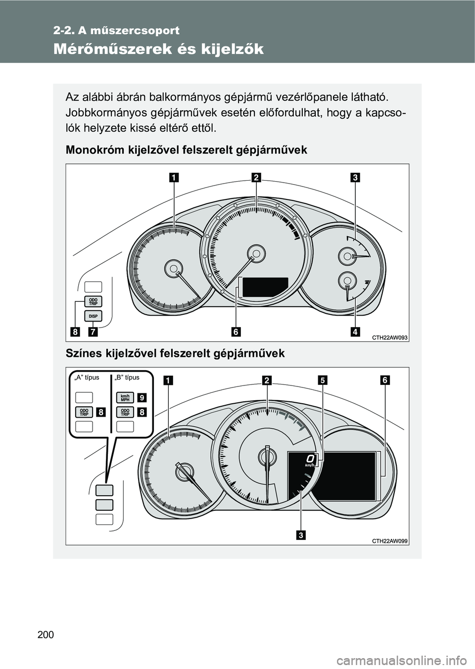 TOYOTA GT86 2017 Kezelési útmutató (in Hungarian) 200
2-2. A műszercsoport
Mérőműszerek és kijelzők
Az alábbi ábrán balkormányos gépjármű vezérlőpanele látható.
Jobbkormányos gépjárművek esetén előfordulhat, hogy a kapcso-
ló TOYOTA GT86 2017 Kezelési útmutató (in Hungarian) 200
2-2. A műszercsoport
Mérőműszerek és kijelzők
Az alábbi ábrán balkormányos gépjármű vezérlőpanele látható.
Jobbkormányos gépjárművek esetén előfordulhat, hogy a kapcso-
ló