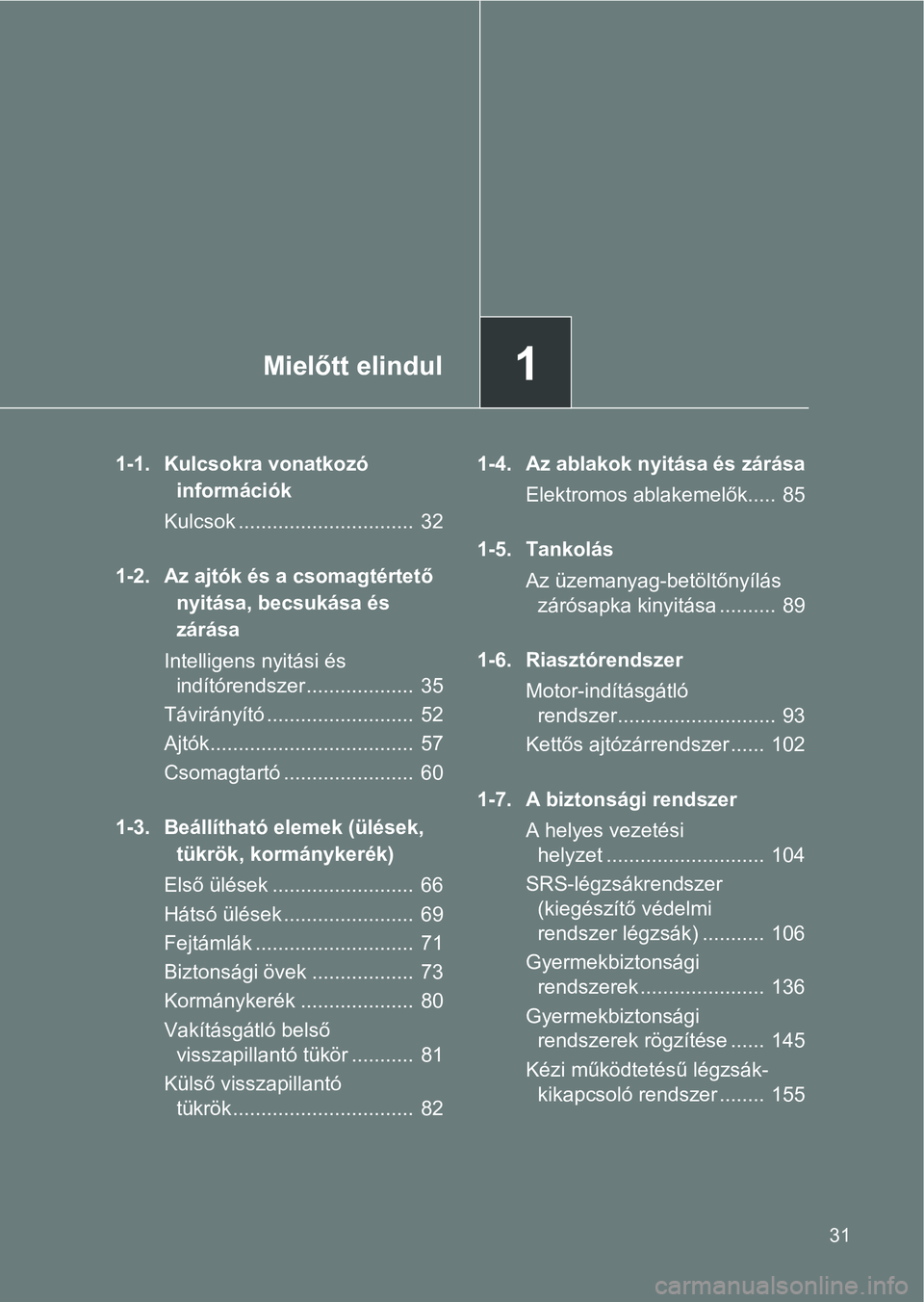 TOYOTA GT86 2017 Kezelési útmutató (in Hungarian) 1Mielőtt elindul
31
1-1. Kulcsokra vonatkozó
információk
Kulcsok ............................... 32
1-2. Az ajtók és a csomagtértető
nyitása, becsukása és
zárása
Intelligens nyitási TOYOTA GT86 2017 Kezelési útmutató (in Hungarian) 1Mielőtt elindul
31
1-1. Kulcsokra vonatkozó
információk
Kulcsok ............................... 32
1-2. Az ajtók és a csomagtértető
nyitása, becsukása és
zárása
Intelligens nyitási