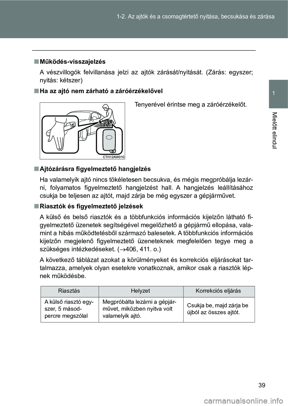 TOYOTA GT86 2017 Kezelési útmutató (in Hungarian) 39
1-2. Az ajtók és a csomagtértető nyitása, becsukása és zárása
1
Mielőtt elindul
nMűködés-visszajelzés
A vészvillogók felvillanása jelzi az ajtók zárását/nyitását. (Zá TOYOTA GT86 2017 Kezelési útmutató (in Hungarian) 39
1-2. Az ajtók és a csomagtértető nyitása, becsukása és zárása
1
Mielőtt elindul
nMűködés-visszajelzés
A vészvillogók felvillanása jelzi az ajtók zárását/nyitását. (Zá