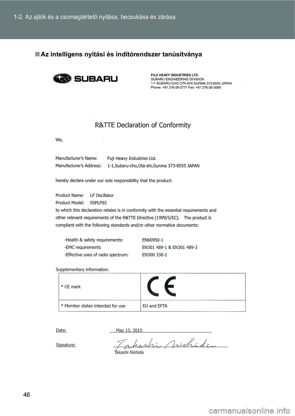 TOYOTA GT86 2017  Kezelési útmutató (in Hungarian) 46
1-2. Az ajtók és a csomagtértető nyitása, becsukása és zárása
nAz intelligens nyitási és indítórendszer tanúsítványa 