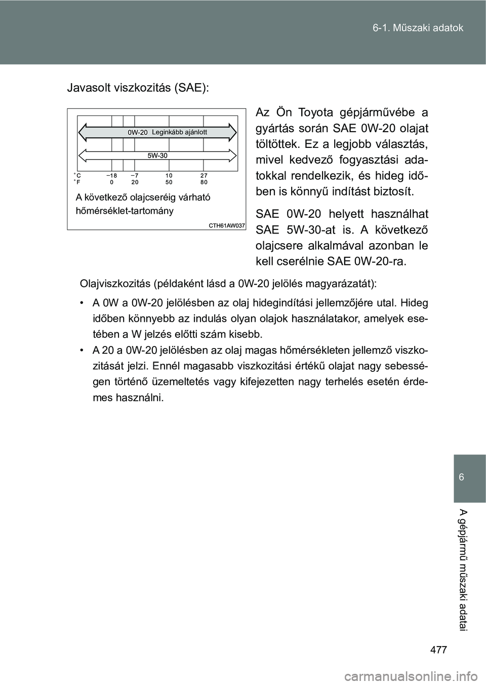 TOYOTA GT86 2017  Kezelési útmutató (in Hungarian) 477 6-1. Műszaki adatok
6
A gépjármű műszaki adatai
Javasolt viszkozitás (SAE):
Az  Ön  Toyota  gépjárművébe  a
gyártás  során  SAE  0W-20  olajat
töltöttek.  Ez  a  legjobb  választ