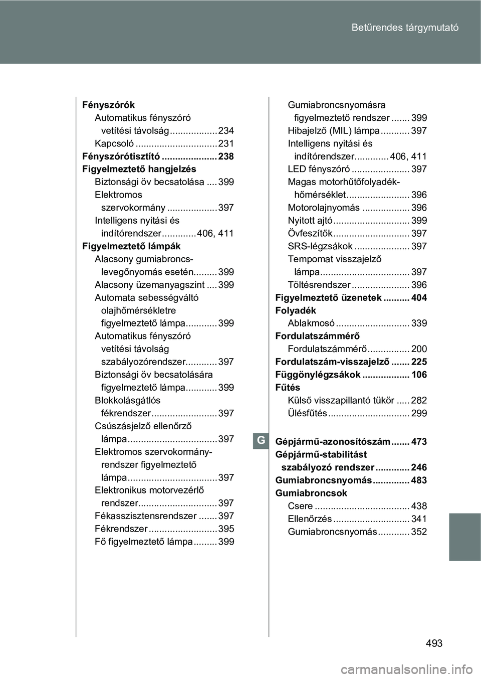 TOYOTA GT86 2017 Kezelési útmutató (in Hungarian) 493 Betűrendes tárgymutató
Fényszórók
Automatikus fényszóró
vetítési távolság .................. 234
Kapcsoló ............................... 231
Fényszórótisztító ................ TOYOTA GT86 2017 Kezelési útmutató (in Hungarian) 493 Betűrendes tárgymutató
Fényszórók
Automatikus fényszóró
vetítési távolság .................. 234
Kapcsoló ............................... 231
Fényszórótisztító ................