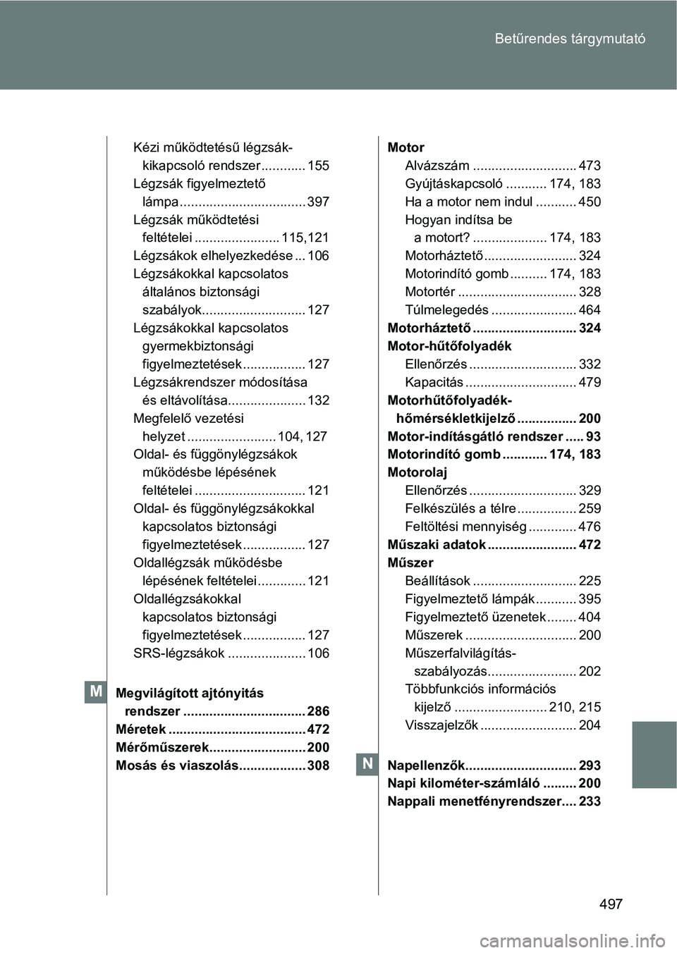 TOYOTA GT86 2017 Kezelési útmutató (in Hungarian) 497 Betűrendes tárgymutató
Kézi működtetésű légzsák-
kikapcsoló rendszer ............ 155
Légzsák figyelmeztető
lámpa .................................. 397
Légzsák működtetési
f TOYOTA GT86 2017 Kezelési útmutató (in Hungarian) 497 Betűrendes tárgymutató
Kézi működtetésű légzsák-
kikapcsoló rendszer ............ 155
Légzsák figyelmeztető
lámpa .................................. 397
Légzsák működtetési
f